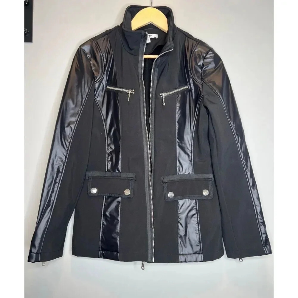 DKNY black faux leather mixed media jacket coat moto button spandex size Small - Picture 2 of 6